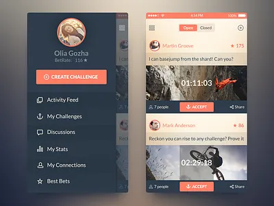 iOS7 Challenge App activity feed app bet free free psd freebie ios7 psd screen sidebar navigation ui ux