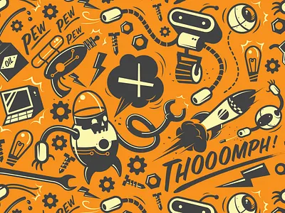 Robo Pattern bolt cannon gear illustration lightbulb raygun robot shoot skull wrench