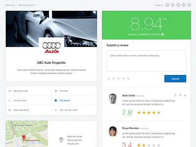 Dealer page clean dealership map modular ratings reviews ui