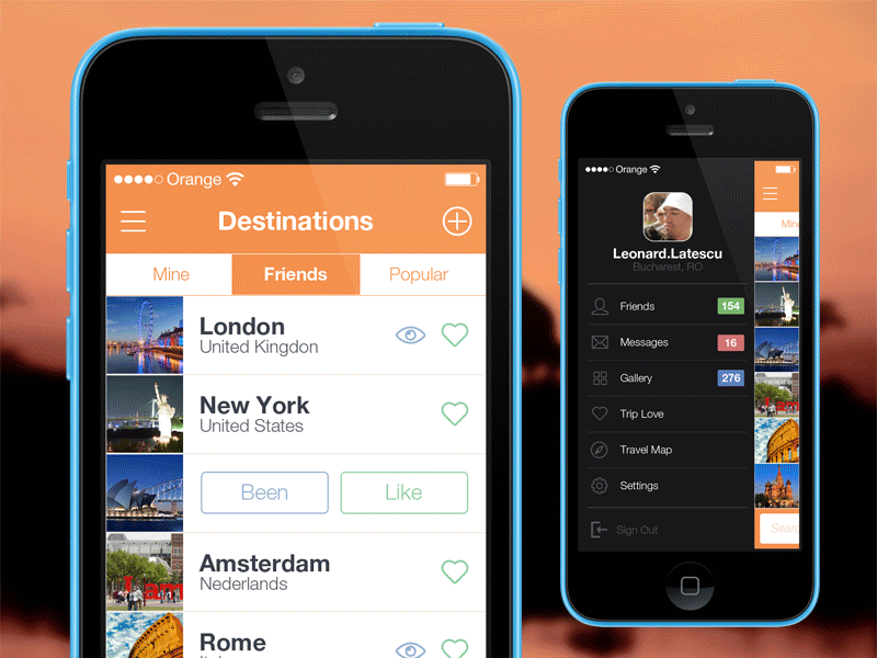 iOS7 Menu Screen app flat gradient ios ios7 iphone iphoneapp list travel ui user interface