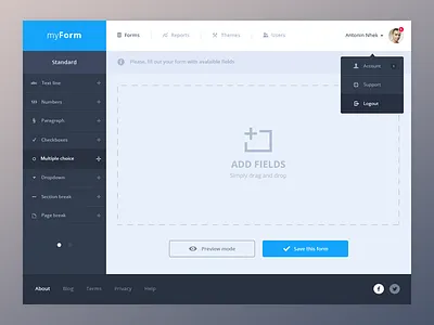 Form generator UI clean drag drag n drop flat form interface menu minimal navigation ui ux webapp