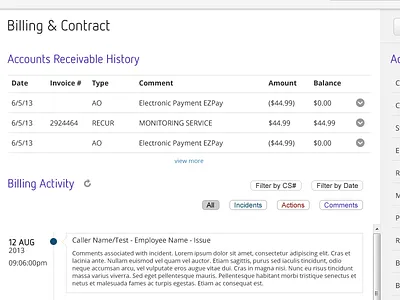 Billing & Contract admin app application console dashboard interface layout timeline ui ux web