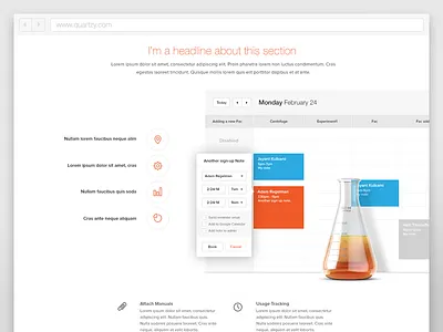 Quartzy - Facilities WIP 3d beaker calendar haraldur landing page manual note pop up schedule science scientist tracking