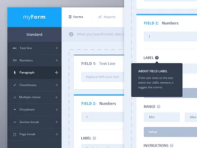 Form fields UI blue clean dark flat generator interface minimal open sans sidebar ui ux webapp