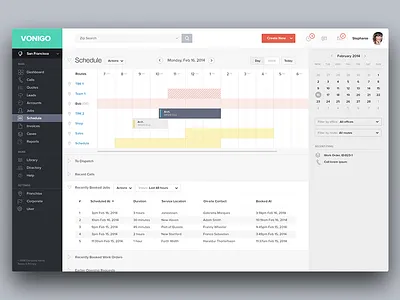 Vonigo - Schedule actions add application calendar calls create jobs list product design schedule table web app