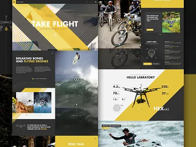 Hello Aerial Full angle design drone elegant seagulls header hero lab labs stats ui web yellow