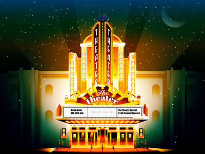 Holiday at Art Deco Theater architecture art deco christmas illustration movie theater theater vintage