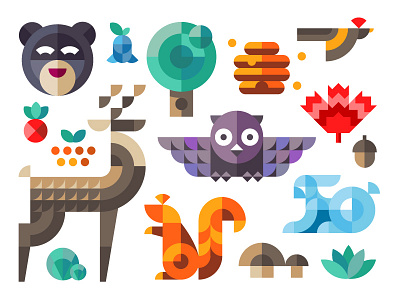 Magic forest acorn bear deer flat forest geometric icon nuts owl rabbit squirrel tree