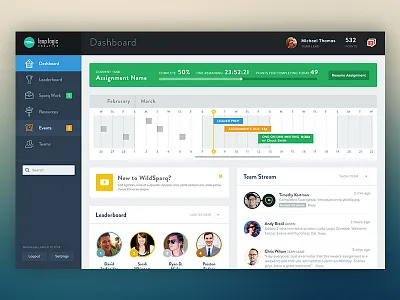 Leadership App Full app calendar dashboard flat leaderboard progress sidebar stream ui