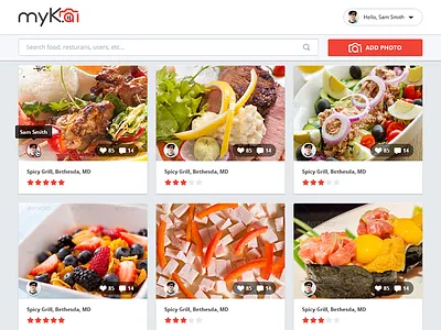 myKai Landing page food grid list photo share tag website
