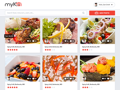 myKai Landing page food grid list photo share tag website