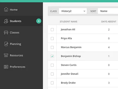 Students Management green list sort ui web