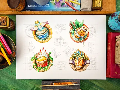 Icon set game glass icon illustration leaf metal rpg set sketch stone wood