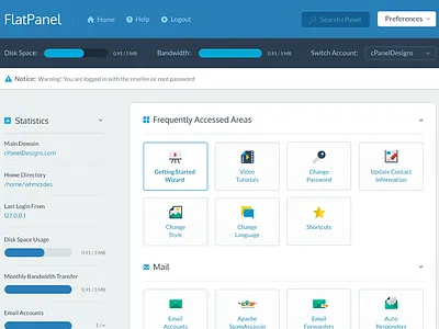 Flat cPanel Theme blue cpanel dropdown flat icons progress bars stats theme ui