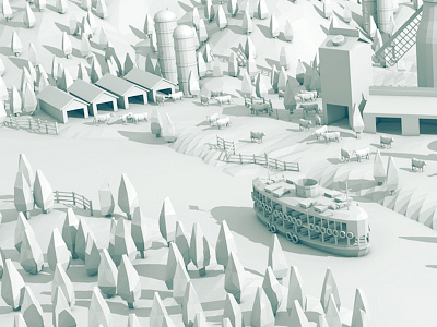 Farmland (sneak) 3d barn boat farm ferry grayscale hills low poly lowpoly render trees water