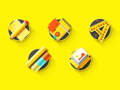 Icon set advertising ae box flat lightbulb minimal notebook paper pencil printer signboard yellow