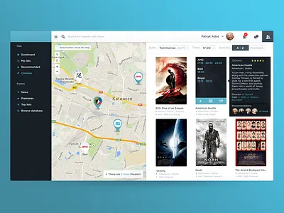 Booking movie ticket. cinema header movies posters sidebar tickets ui