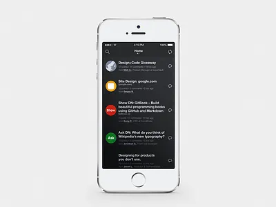 Designer News Home Screen app comments dark icons ios iphone layervault mobile mockup search social ui