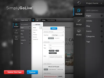 Admin Panel — Pages admin browser content design edit interface manage pages panel settings ui update