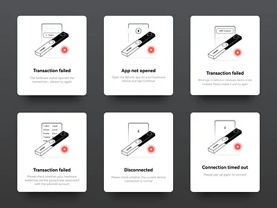 Hardware wallet connection status prompt page autograph blockchain bluetooth connect design equipment error icon illustration matching overtime reject state to break off ui 黑色