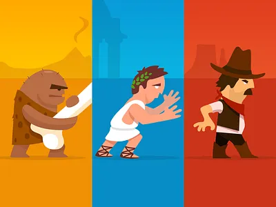 Duels Throughout History caveman cowboy duel flat greek illustration olympian prehistoric western