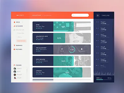 Museo™ - The Collections dashboard flat interface menu minimal music orange profile purple ui ux web app