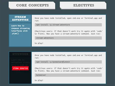 Nodeschool Redesign (Lesson Content) borders cards colorful education instructions node school texture tutorial typography ui ux