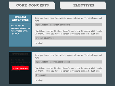 Nodeschool Redesign (Lesson Content) borders cards colorful education instructions node school texture tutorial typography ui ux