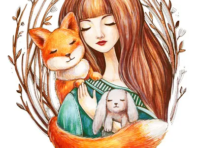 In the forest forest fox friend girl illustration owl rabbit watercolor wood