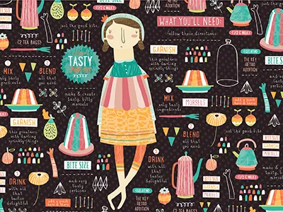 Jello Fabric! dessert fabric food hand drawn illustration jello nicole larue pattern recipe teapots