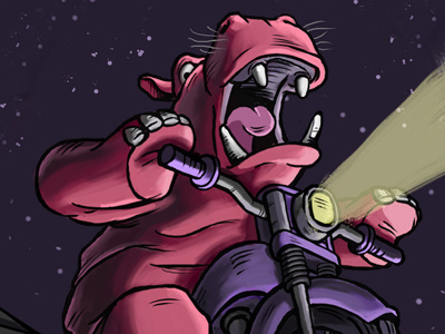 Bernie's Escape childrens book childrens story hippo illustration motorcycle zoo