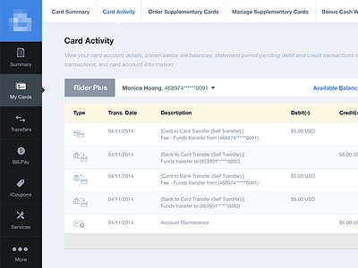 Card Activity bank banking credit card data grid filters finance grid icons prepaid card transactions web app web application