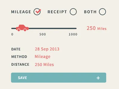 Add Expense Modals button car checkbox flat mileage range tick