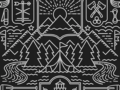 Scout axe badges camping flag mountains outdoors river tent tree