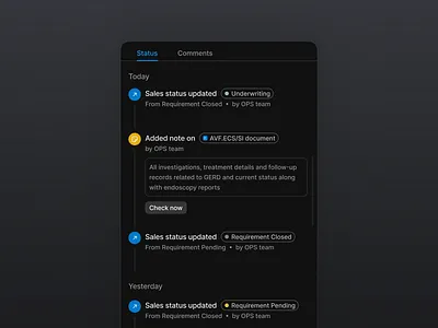 Sales Status - Dark theme Exploration. 3d activity activity status card crm crm dashboard dark theme sales status timeline ui