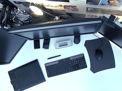 Workspace dell keyboard logitech macpro mouse multiple displays office wacom workspace