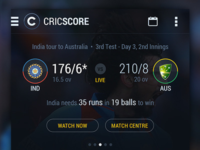 Cricket Score App v2 android app clean cricket dark flat mobile score simple transparent ui ux