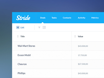 List View(table) for Deals in Stride CRM app crm data deals design ia product saas table ui ux web