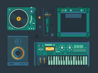 Musical instruments icon set drum guitar hear microphone music singing sound synthesizer trumpet violin
