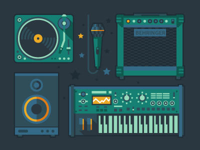 Musical instruments icon set drum guitar hear microphone music singing sound synthesizer trumpet violin