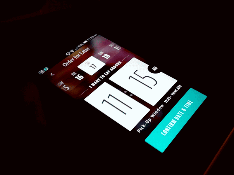 Custom time picker anim android animation app chownow clock flat food iphone mobile restaurant ui v2