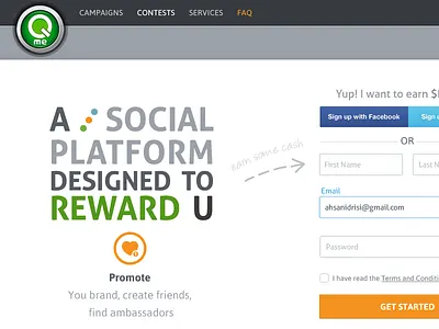 Qme social media landing page design form landing main page signup ui ux web
