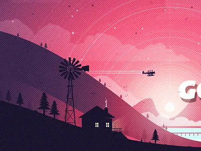 The Sky Was Pink artwork clouds farm house illustration light nature plane poster sky valley water