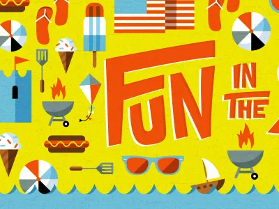 Fun in the Sun american flag bbq beach beach ball grill illustration lettering orange red rocket pop summer white and blue