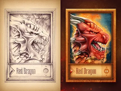 Red Dragon air bone card dragon fire game leather old paper sketch typography