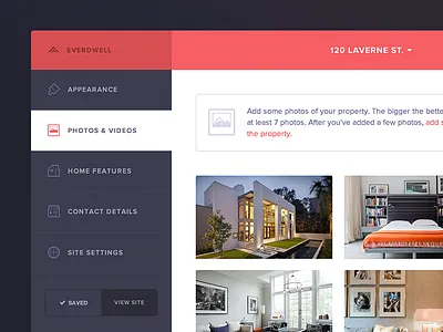 Everdwell Property Site Manager admin buttons dashboard icons interface navigation photos red ui