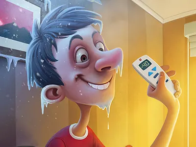 Hot cartoon cat character conditioner hell hot illustration office room summer