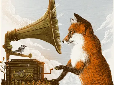 Avett Brothers Gigposter blue jay folk fox limited edition phonograph record player screenprint sky vintage