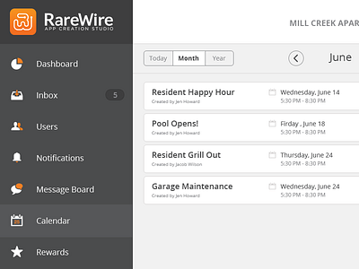 Event View backend calendar event grid june list view rarewire software ui ux