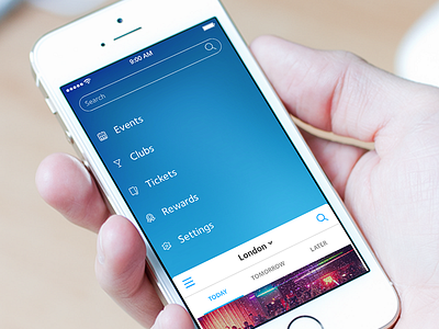 Club Menu app clean club events going out ios london menu navigation nightlife sidebar